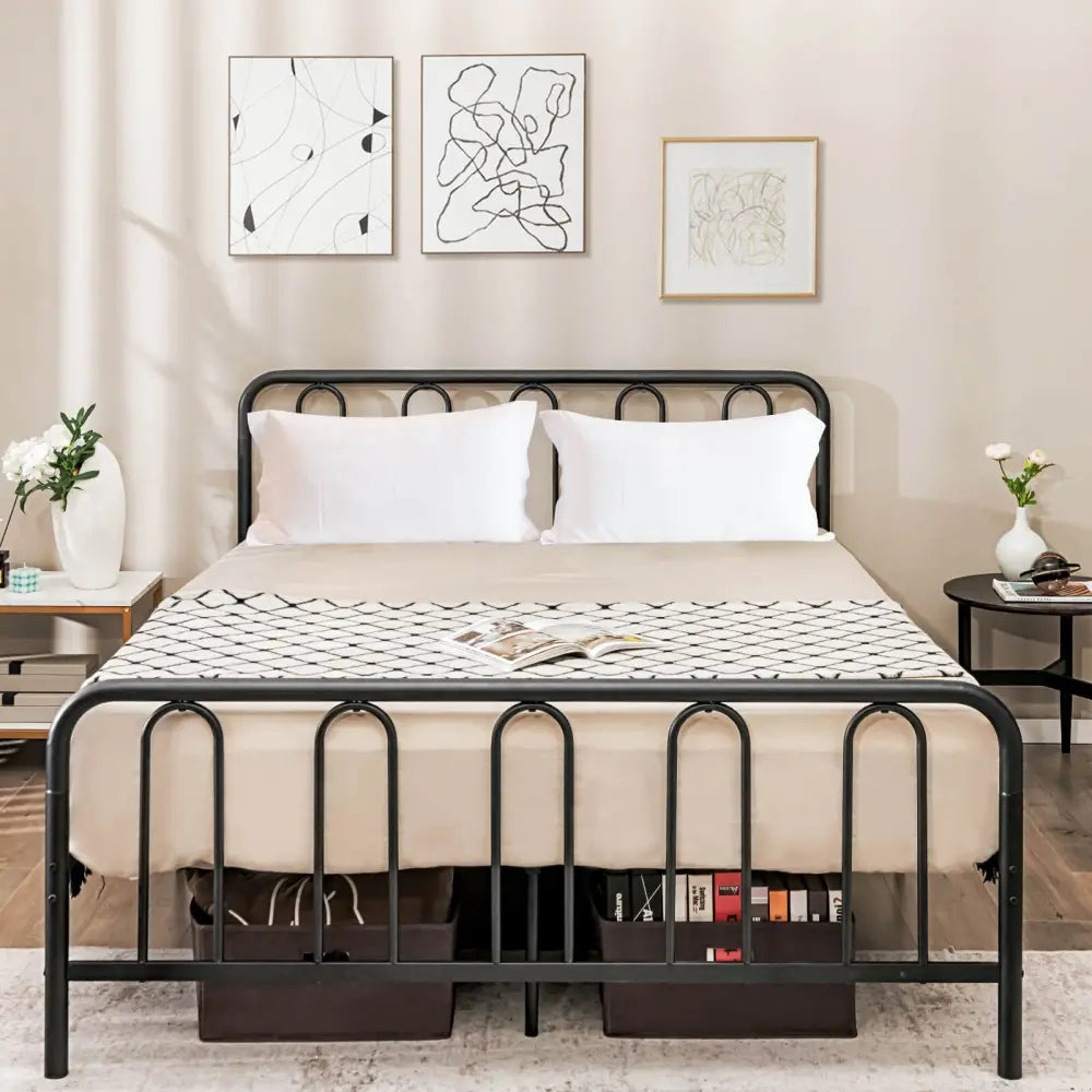 Full/Queen Size Metal Bed Frame with Headboard and Footboard-Queen Size - Black - Simple Bed Frame
