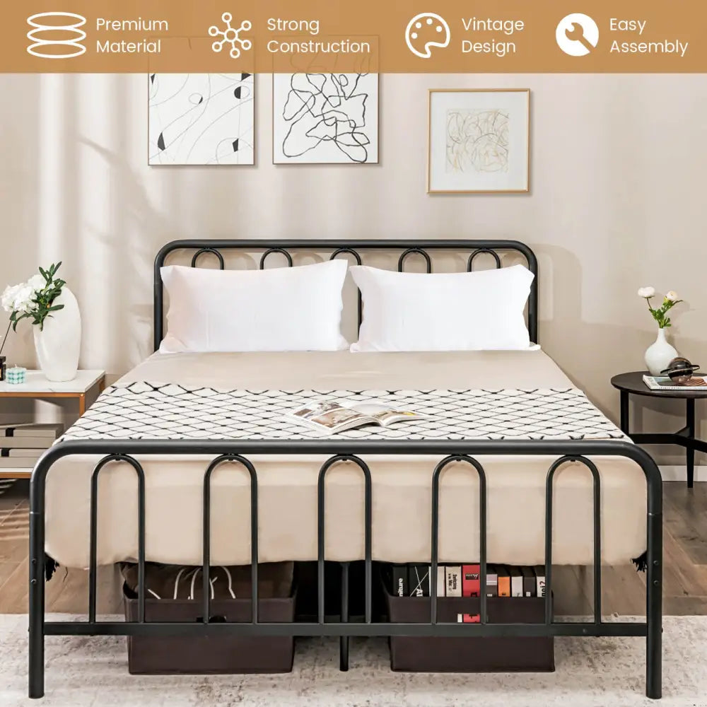 Full/Queen Size Metal Bed Frame with Headboard and Footboard-Queen Size - Black - Simple Bed Frame
