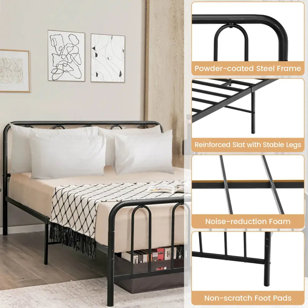 Full/Queen Size Metal Bed Frame with Headboard and Footboard-Queen Size - Black - Simple Bed Frame