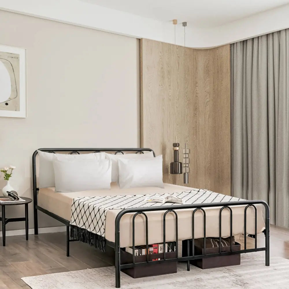 Full/Queen Size Metal Bed Frame with Headboard and Footboard-Queen Size - Black - Simple Bed Frame