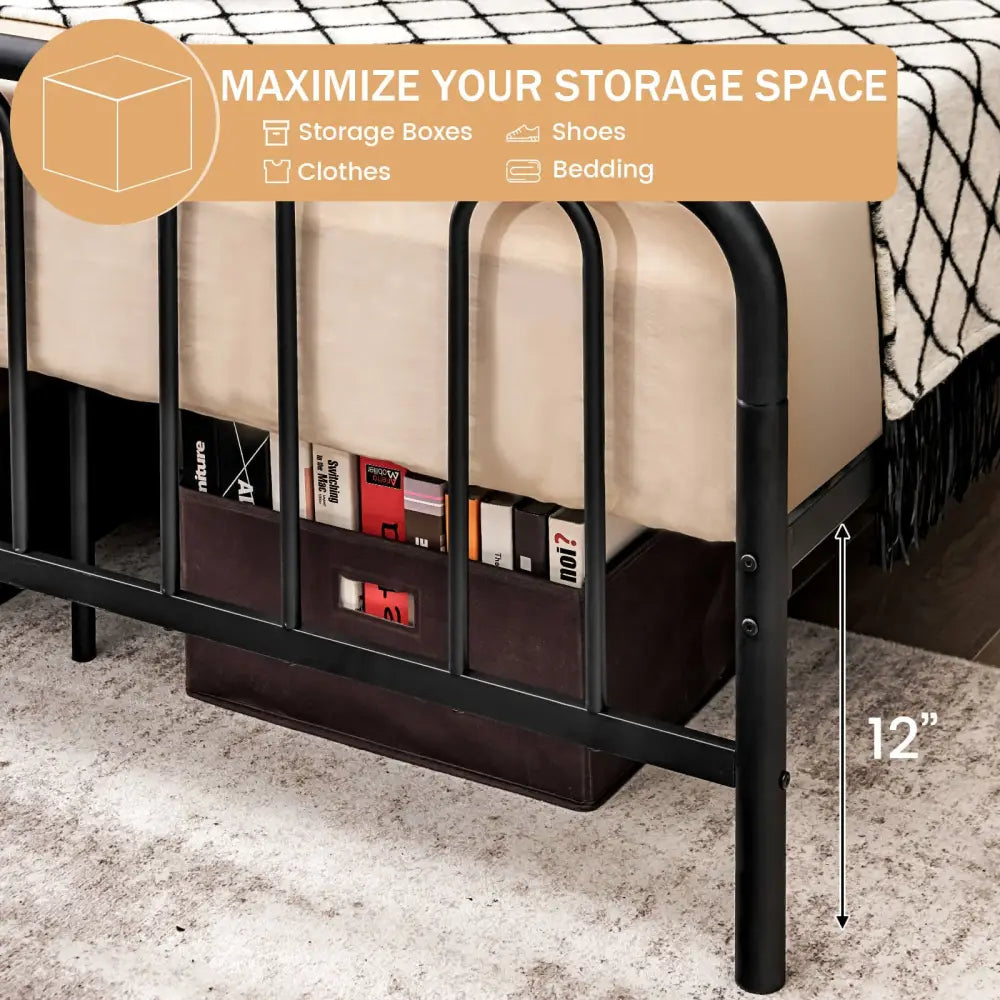 Full/Queen Size Metal Bed Frame with Headboard and Footboard-Queen Size - Black - Simple Bed Frame