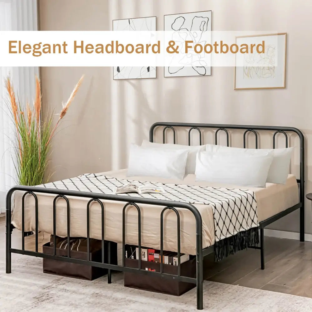 Full/Queen Size Metal Bed Frame with Headboard and Footboard-Queen Size - Black - Simple Bed Frame