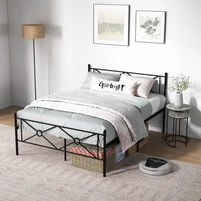 Full/Queen Size Metal Platform Bed Frame with Headboard and Footboard-Full Size - Black - Simple Bed Frame