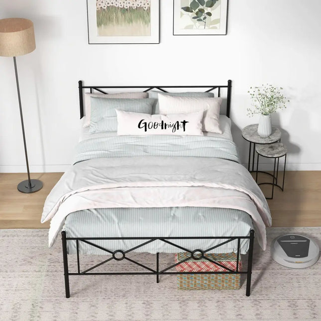 Full/Queen Size Metal Platform Bed Frame with Headboard and Footboard-Full Size - Black - Simple Bed Frame