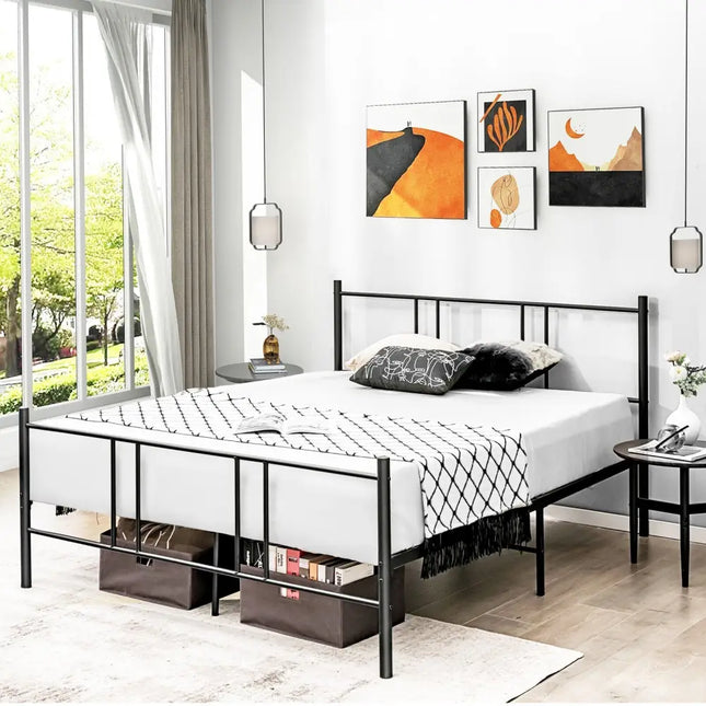 Full/Queen Size Platform Bed Frame with High Headboard-Full Size - Black - Simple Bed Frame