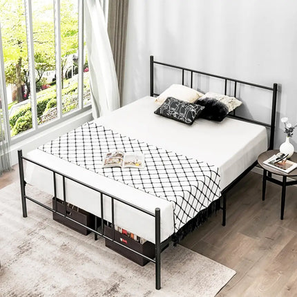 Full/Queen Size Platform Bed Frame with High Headboard-Full Size - Black - Simple Bed Frame