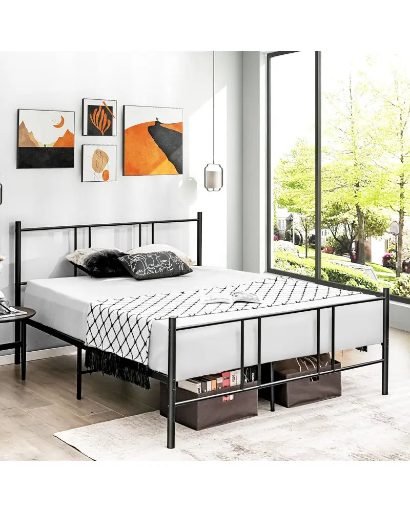 Full/Queen Size Platform Bed Frame with High Headboard-Queen Size - Black - Simple Bed Frame