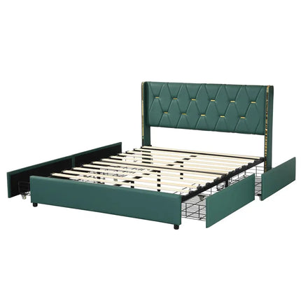 Full/Queen Size Upholstered Bed Frame with 4 Drawers-Green-Full Size - Green - Simple Bed Frame