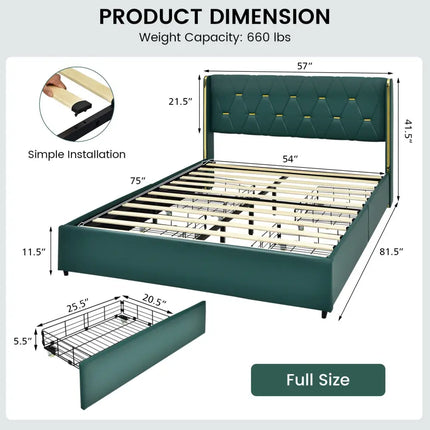 Full/Queen Size Upholstered Bed Frame with 4 Drawers-Green-Full Size - Green - Simple Bed Frame