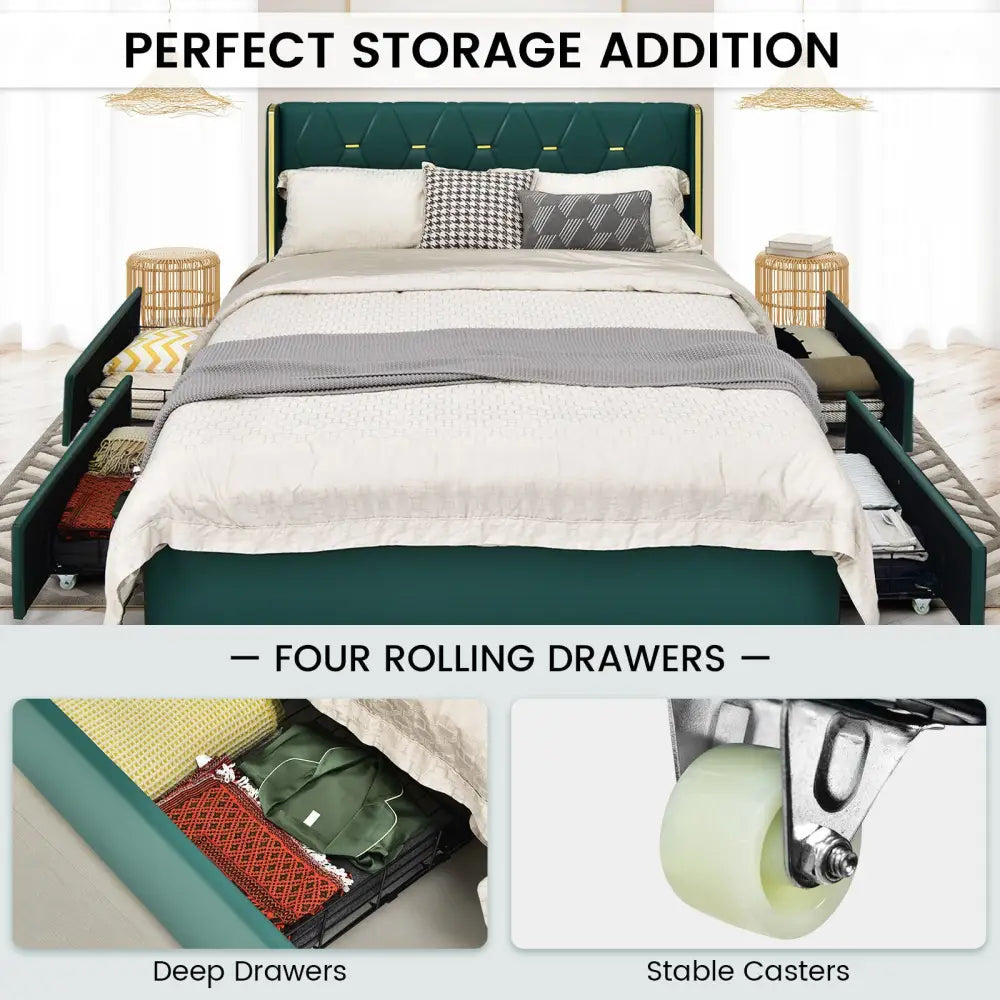 Full/Queen Size Upholstered Bed Frame with 4 Drawers-Green-Full Size - Green - Simple Bed Frame