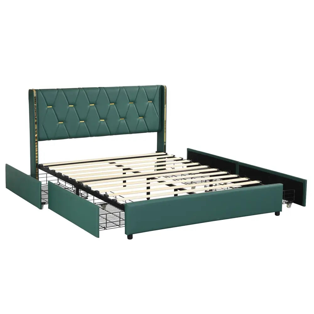 Full/Queen Size Upholstered Bed Frame with 4 Drawers-Green-Full Size - Green - Simple Bed Frame