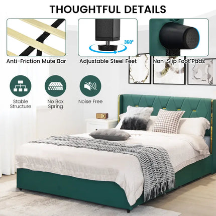 Full/Queen Size Upholstered Bed Frame with 4 Drawers-Green-Full Size - Green - Simple Bed Frame