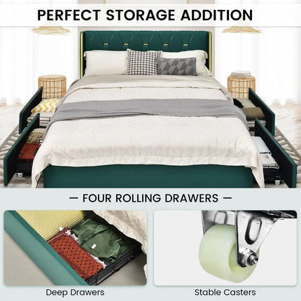 Full/Queen Size Upholstered Bed Frame with 4 Drawers-Green-Full Size - Green - Simple Bed Frame