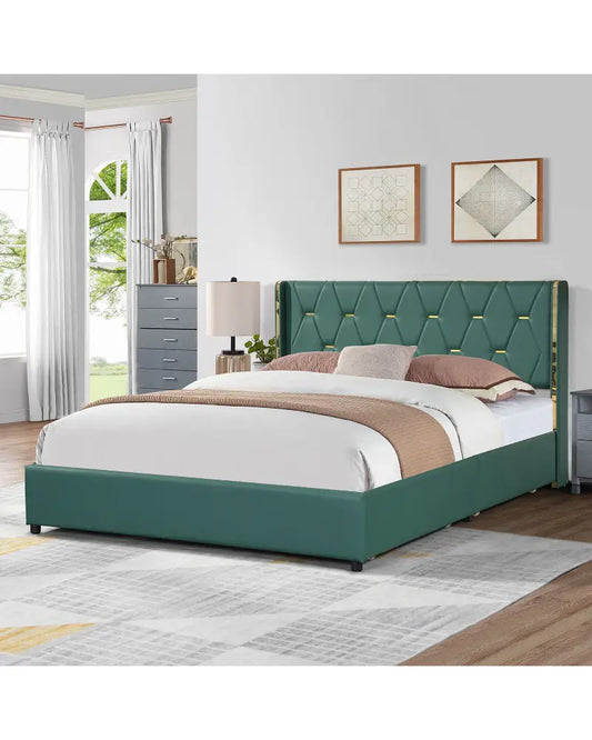 Full/Queen Size Upholstered Bed Frame with 4 Drawers-Green-Full Size - Green - Simple Bed Frame