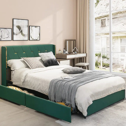 Full/Queen Size Upholstered Bed Frame with 4 Drawers-Green-Full Size - Green - Simple Bed Frame