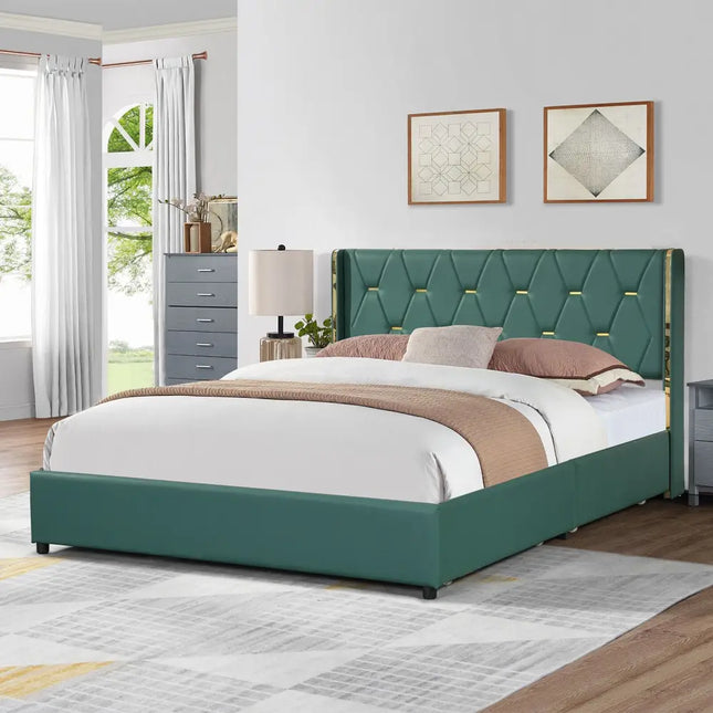 Full/Queen Size Upholstered Bed Frame with 4 Drawers-Green-Full Size - Green - Simple Bed Frame