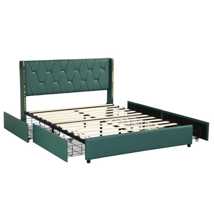 Full/Queen Size Upholstered Bed Frame with 4 Drawers-Green-Full Size - Green - Simple Bed Frame