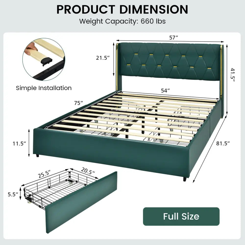 Full/Queen Size Upholstered Bed Frame with 4 Drawers-Green-Full Size - Green - Simple Bed Frame