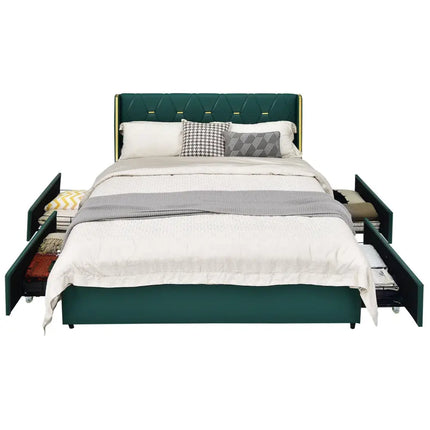 Full/Queen Size Upholstered Bed Frame with 4 Drawers-Green-Full Size - Green - Simple Bed Frame