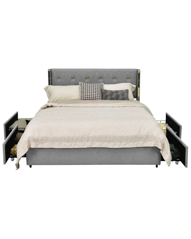 Full/Queen Size Upholstered Bed Frame with 4 Drawers-Silver-Full Size - Silver - Simple Bed Frame