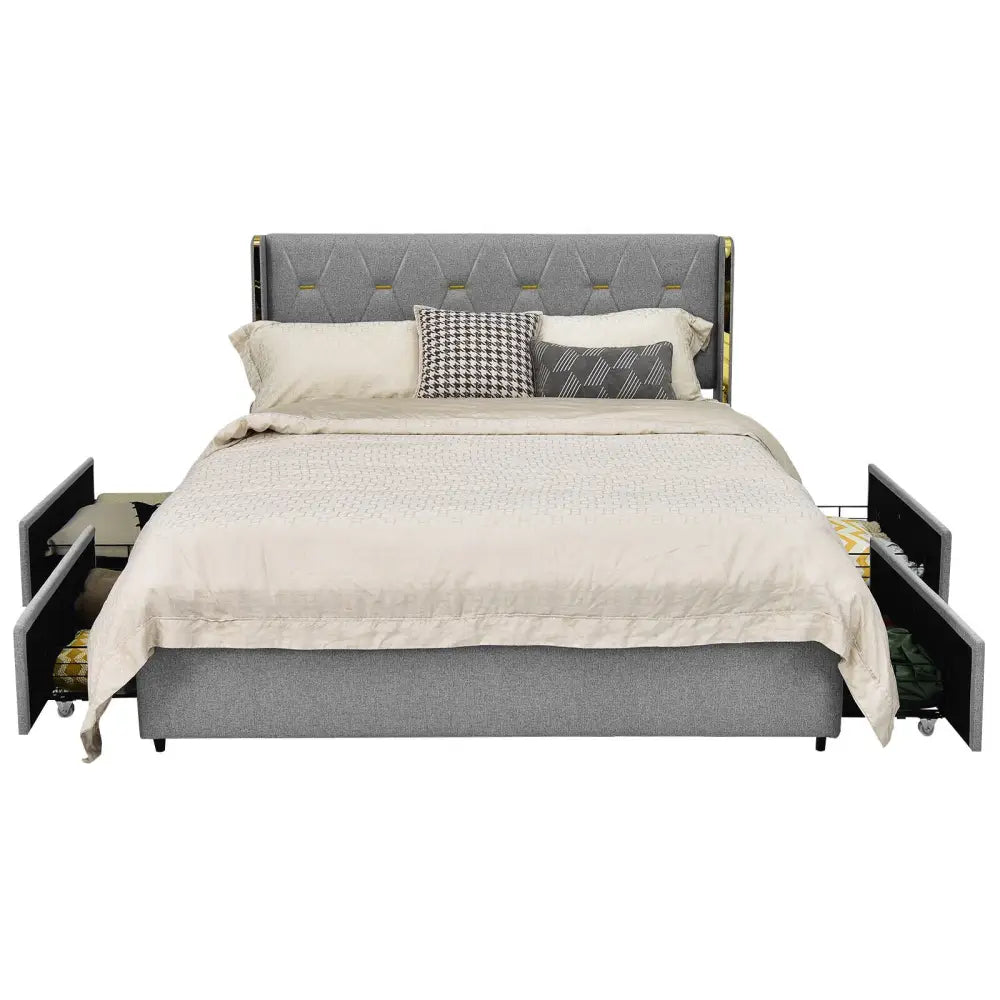 Full/Queen Size Upholstered Bed Frame with 4 Drawers-Silver-Full Size - Silver - Simple Bed Frame