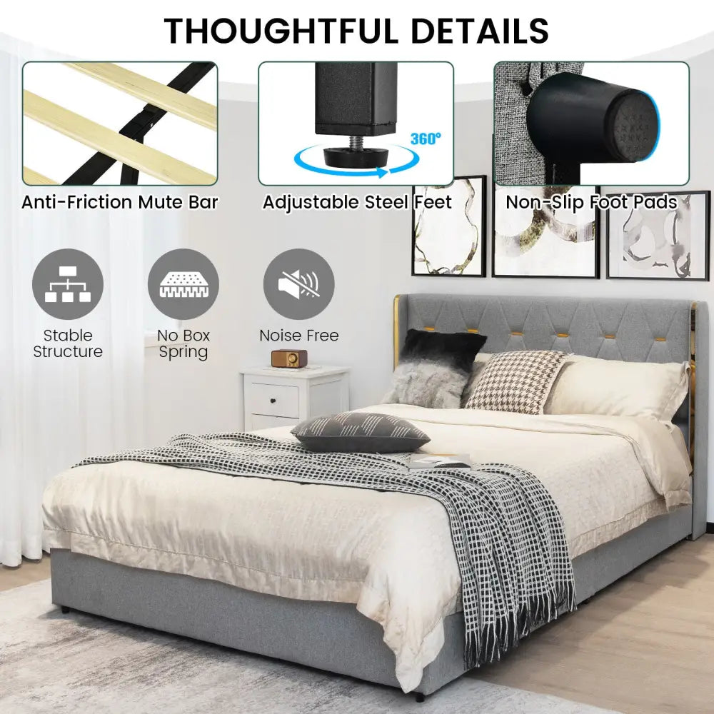 Full/Queen Size Upholstered Bed Frame with 4 Drawers-Silver-Full Size - Silver - Simple Bed Frame