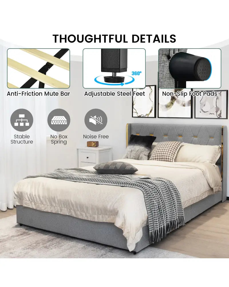 Full/Queen Size Upholstered Bed Frame with 4 Drawers-Silver-Full Size - Silver - Simple Bed Frame