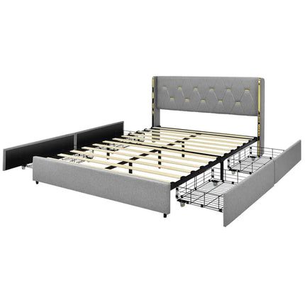 Full/Queen Size Upholstered Bed Frame with 4 Drawers-Silver-Full Size - Silver - Simple Bed Frame