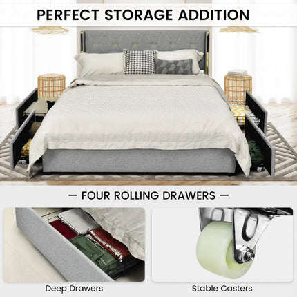 Full/Queen Size Upholstered Bed Frame with 4 Drawers-Silver-Full Size - Silver - Simple Bed Frame