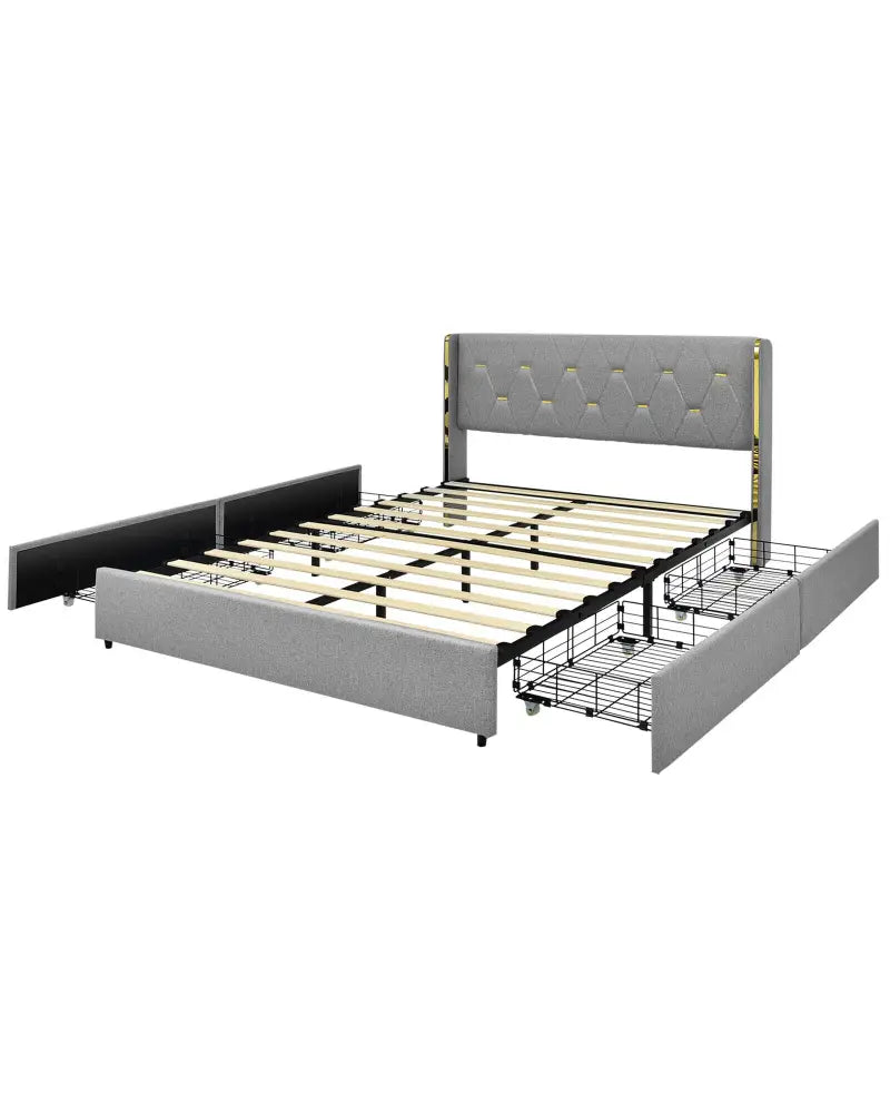 Full/Queen Size Upholstered Bed Frame with 4 Drawers-Silver-Full Size - Silver - Simple Bed Frame