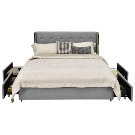Full/Queen Size Upholstered Bed Frame with 4 Drawers-Silver-Full Size - Silver - Simple Bed Frame