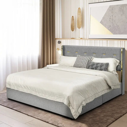 Full/Queen Size Upholstered Bed Frame with 4 Drawers-Silver-Full Size - Silver - Simple Bed Frame