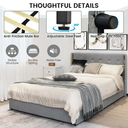 Full/Queen Size Upholstered Bed Frame with 4 Drawers-Silver-Full Size - Silver - Simple Bed Frame