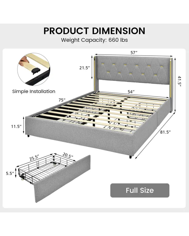 Full/Queen Size Upholstered Bed Frame with 4 Drawers-Silver-Full Size - Silver - Simple Bed Frame