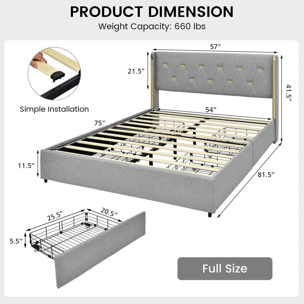Full/Queen Size Upholstered Bed Frame with 4 Drawers-Silver-Full Size - Silver - Simple Bed Frame