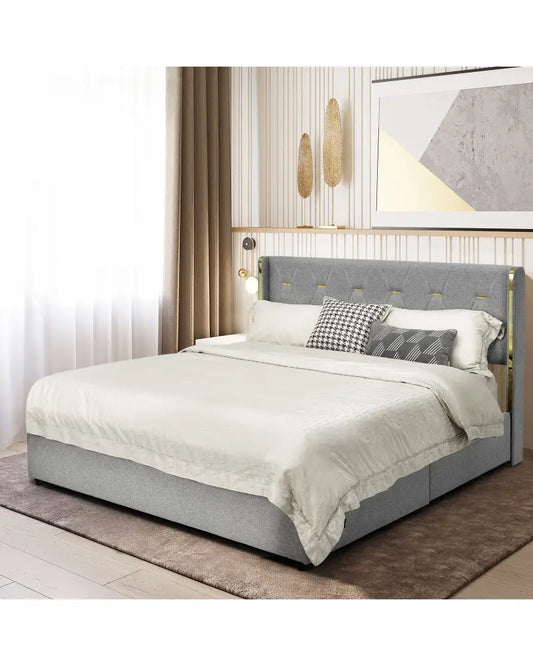 Full/Queen Size Upholstered Bed Frame with 4 Drawers-Silver-Full Size - Silver - Simple Bed Frame