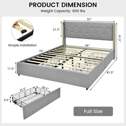 Full/Queen Size Upholstered Bed Frame with 4 Drawers-Silver-Full Size - Silver - Simple Bed Frame