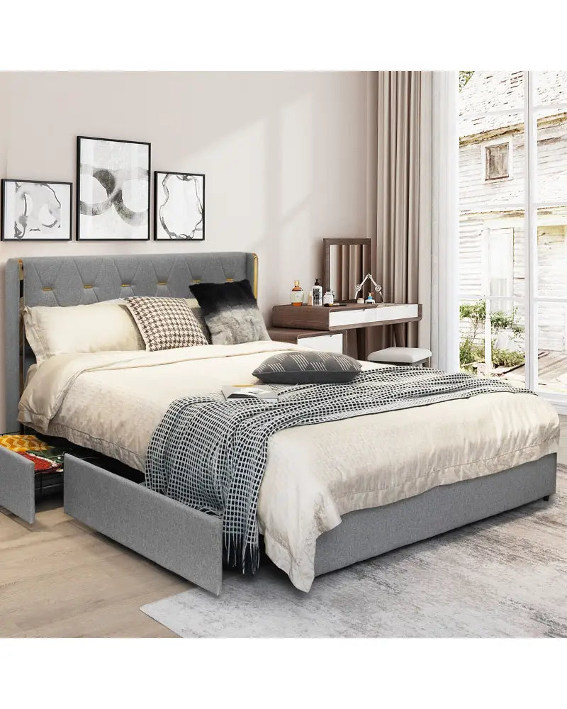 Full/Queen Size Upholstered Bed Frame with 4 Drawers-Silver-Full Size - Silver - Simple Bed Frame