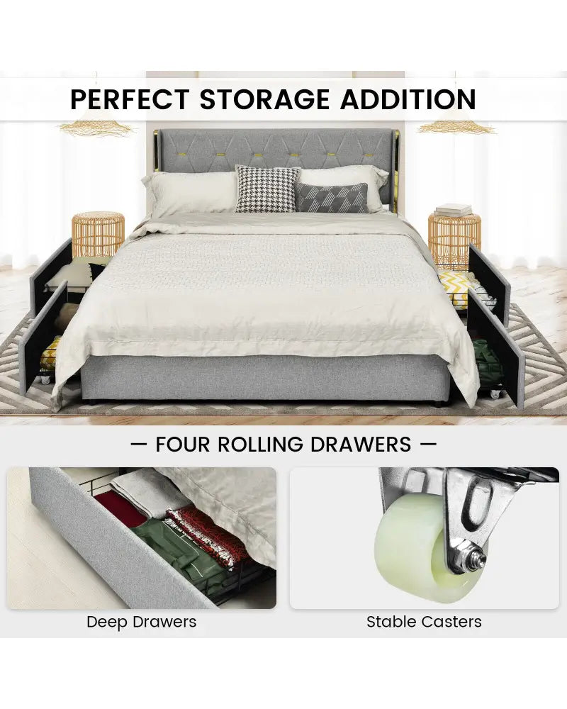 Full/Queen Size Upholstered Bed Frame with 4 Drawers-Silver-Full Size - Silver - Simple Bed Frame