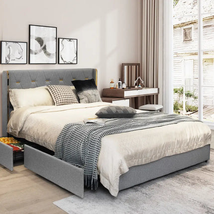 Full/Queen Size Upholstered Bed Frame with 4 Drawers-Silver-Full Size - Silver - Simple Bed Frame