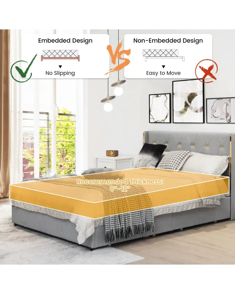 Full/Queen Size Upholstered Bed Frame with 4 Drawers-Silver-Full Size - Silver - Simple Bed Frame