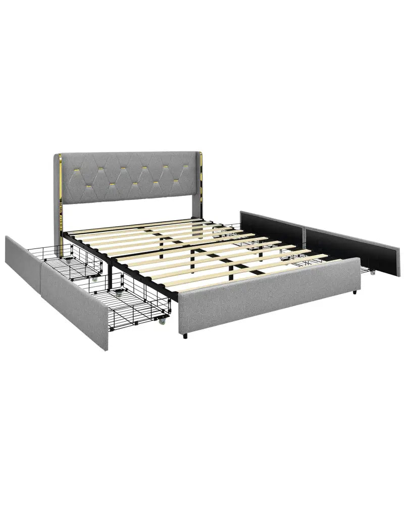 Full/Queen Size Upholstered Bed Frame with 4 Drawers-Silver-Full Size - Silver - Simple Bed Frame