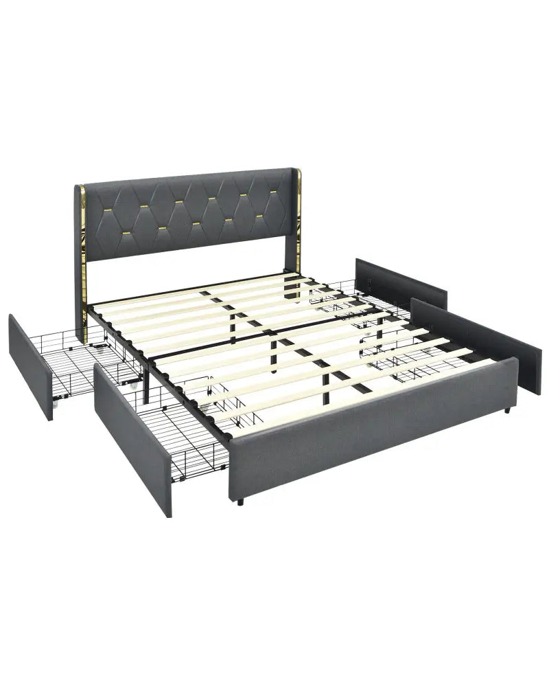 Full/Queen Size Upholstered Bed Frame with 4 Storage Drawers-Full Size - Black - Simple Bed Frame