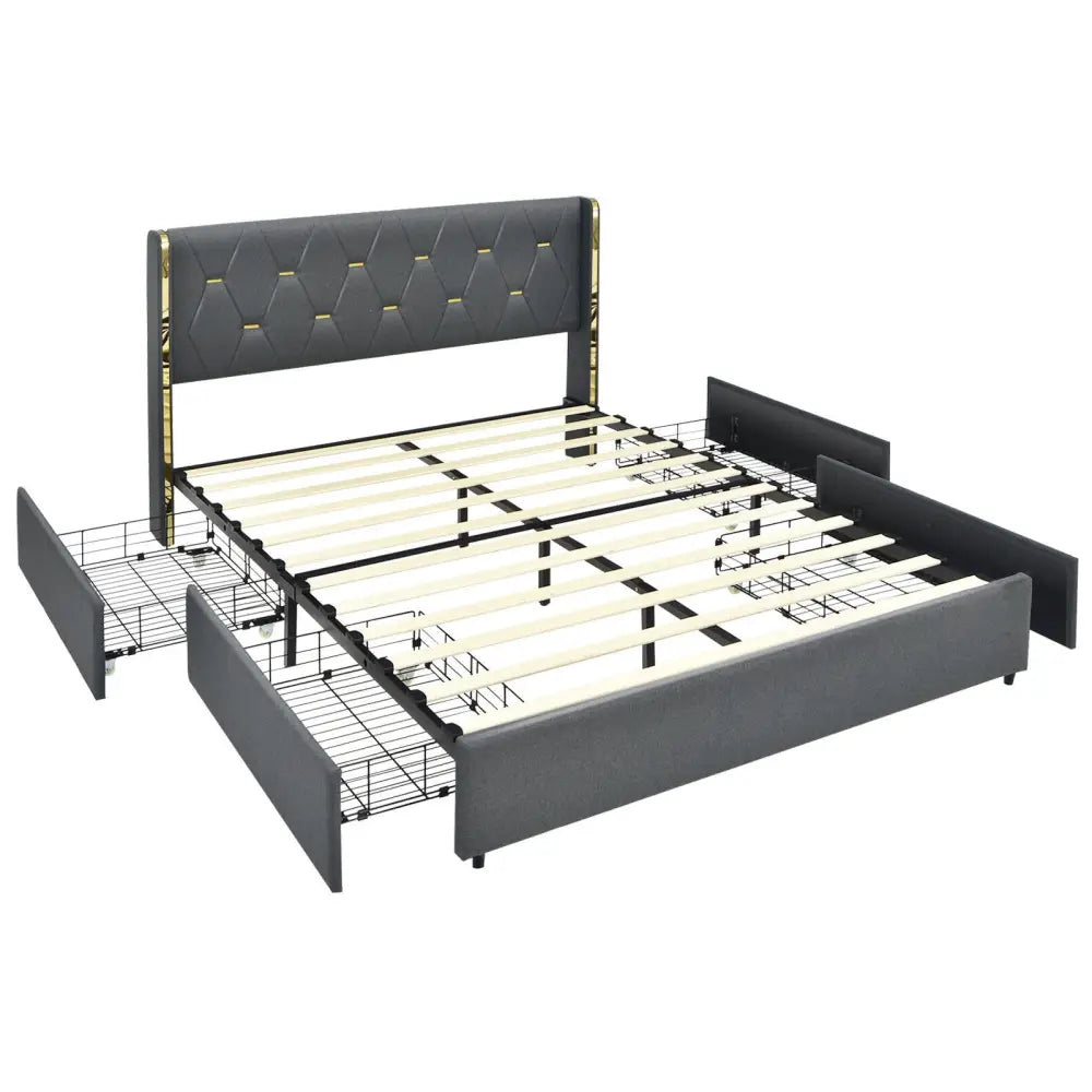 Full/Queen Size Upholstered Bed Frame with 4 Storage Drawers-Full Size - Black - Simple Bed Frame