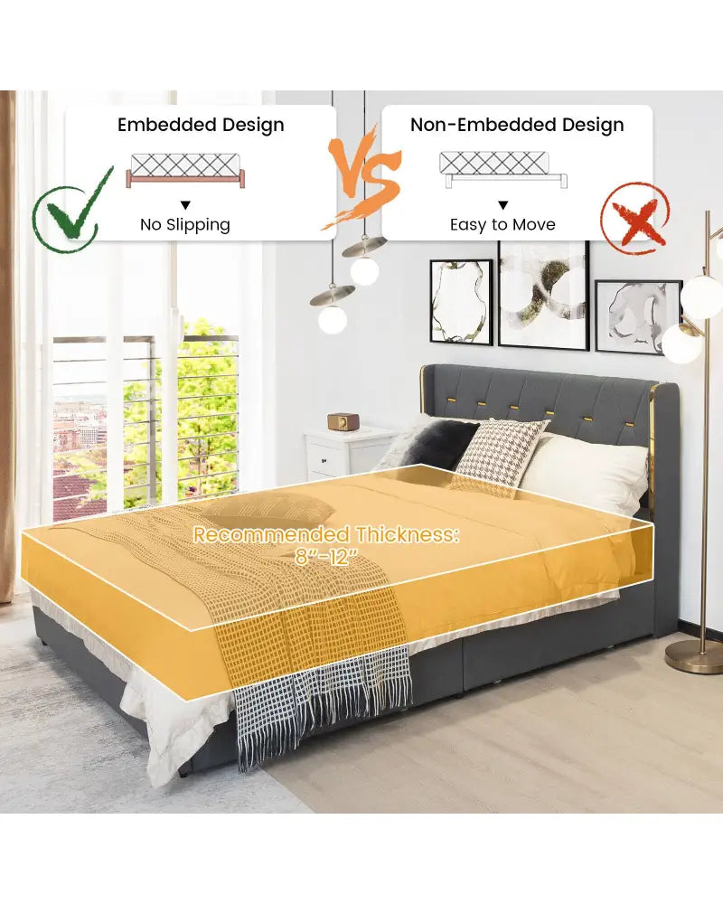 Full/Queen Size Upholstered Bed Frame with 4 Storage Drawers-Full Size - Black - Simple Bed Frame