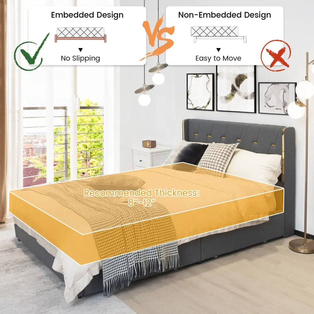 Full/Queen Size Upholstered Bed Frame with 4 Storage Drawers-Full Size - Black - Simple Bed Frame