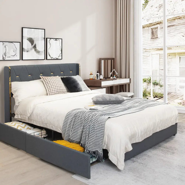 Full/Queen Size Upholstered Bed Frame with 4 Storage Drawers-Full Size - Black - Simple Bed Frame