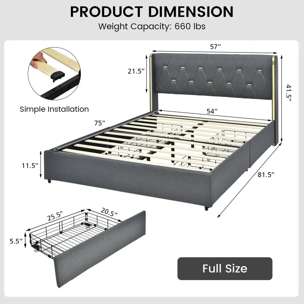 Full/Queen Size Upholstered Bed Frame with 4 Storage Drawers-Full Size - Black - Simple Bed Frame