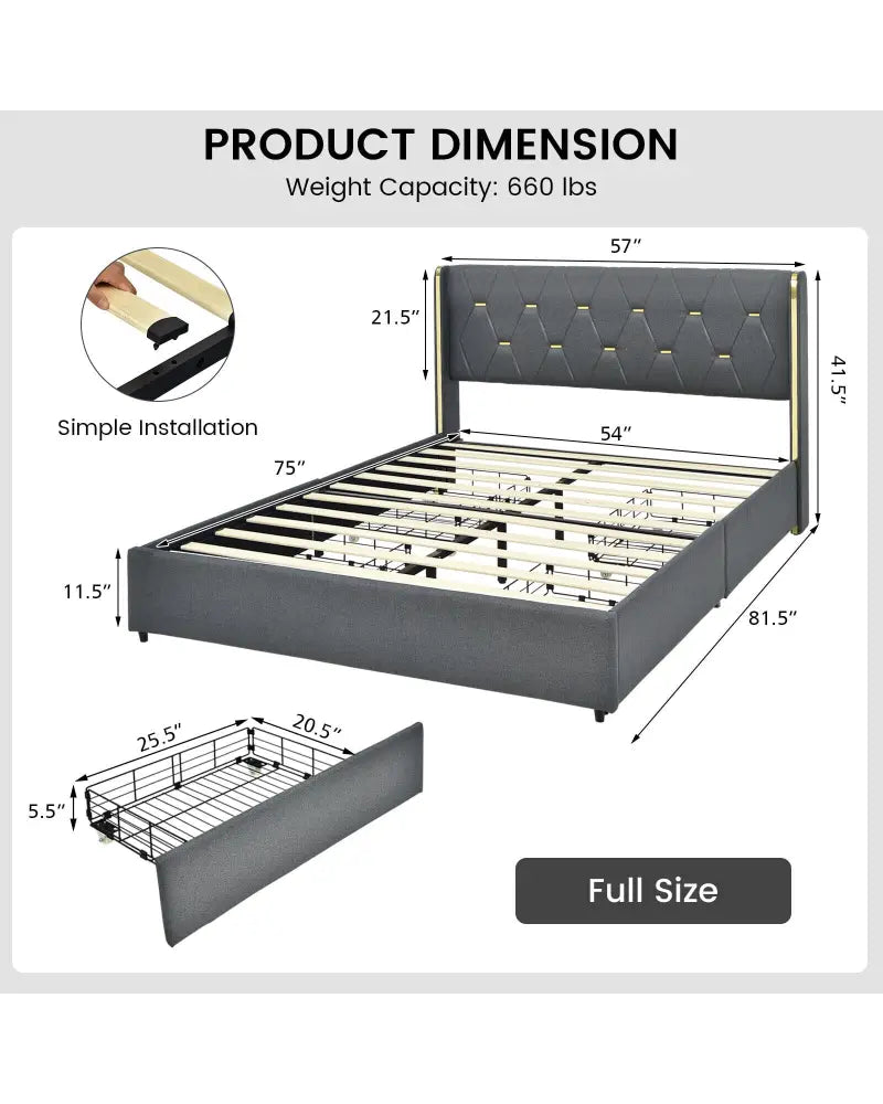 Full/Queen Size Upholstered Bed Frame with 4 Storage Drawers-Full Size - Black - Simple Bed Frame