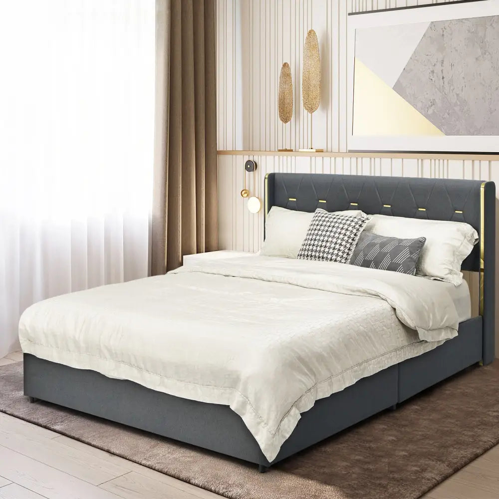 Full/Queen Size Upholstered Bed Frame with 4 Storage Drawers-Full Size - Black - Simple Bed Frame